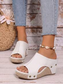 Women's White Thick Soled Sandals With Wedge Heels, Summer Casual, Black And White Wedge Heels, Comfortable Summer Slippers, Outdoor Beach Slippers - 101白色 - 查看 3