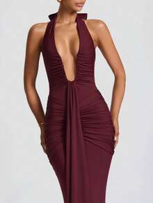 Vestido largo plisado cuello V profundo espalda descubierta ajustado sexy estilo europeo moda verano - Burdeos - Ver 4
