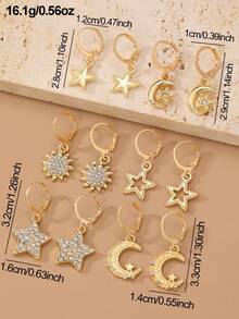 6pcs/Set Girls Rhinestone Star & Moon Pendant Earrings Set, Suitable For Daily Decoration - Gold - View 5