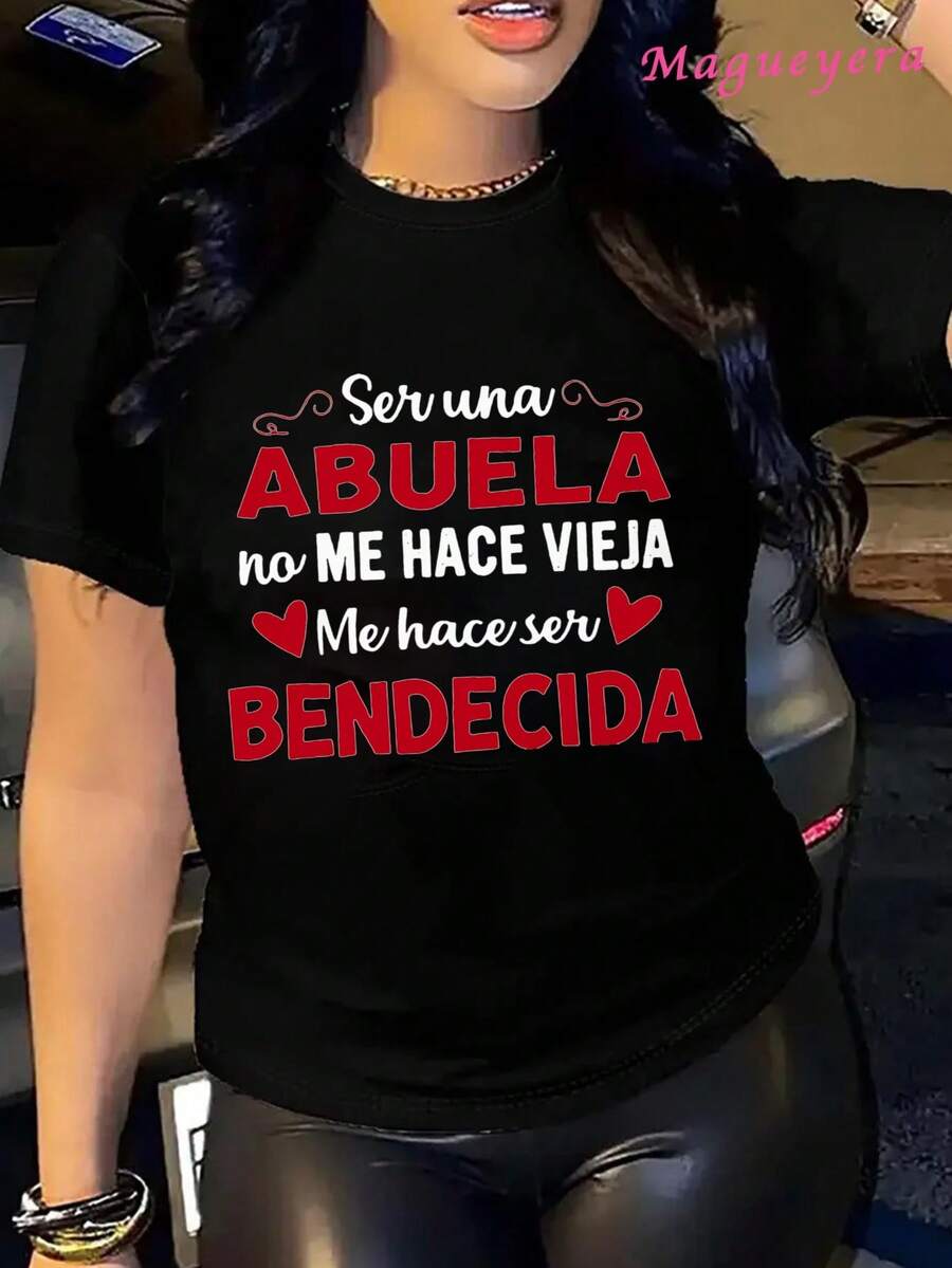 2026Mgy Women's Soft 100% Cotton Loose Fit T-Shirt With Graphic Slogan, Fashion Short Sleeve Round Neck, Machine Washable, Casual Perfect For All Seasons 2026 - 黑色 - 查看 1