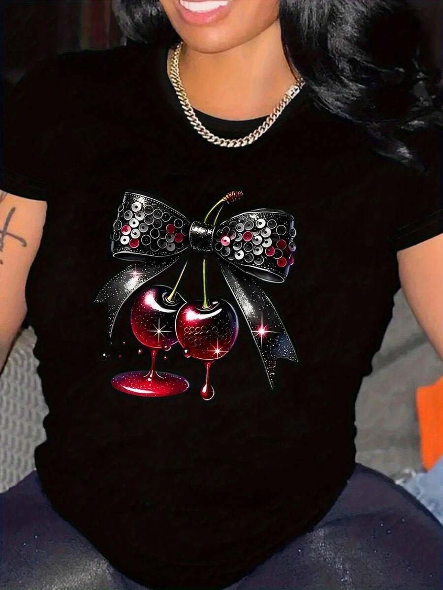 e Algodón con Estampado para Mujer - Cuello Redondo, Manga Corta, Estampado de Cereza y Lazo con Diamantes, Ajuste Holgado - Top Casual y Transpirable para Fiestas de Verano y Uso Diario2026 - Negro - Ver 1