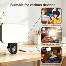 015094072-0002 1个可拆卸夹式手机自拍补光灯，带可调节支架，可调节白光/暖光/自然光，可充电，小巧便携，适用于笔记本电脑/手机/平板电脑/视频通话/化妆，非常适合自拍和直播，便携式自拍环形灯 - 長方形 - 查看 6