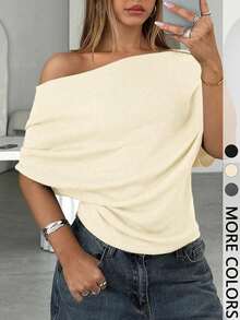Women's Off-Shoulder Dolman Sleeve Top, Asymmetric Neck Ruched Side Casual T-Shirt For Streetwear & Daily Wear - Black - View 8