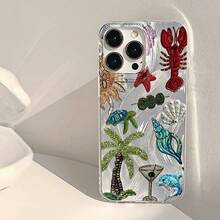 1pc Lobster Dolphin Coconut Tree Starfish Shell Ocean Pattern Premium Feel Feather Tulle IMD Full Coverage Shockproof Fashion Phone Case Compatible With IPhone17 16 15 14 13 12 11proamx/Plus 7/8/Air Anti-Fingerprint Protective Cover - Multicolor - View 3