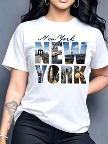 1 Piece Of "1976 New York" Letter Print T-Shirt, Breathable Summer Short Sleeve Round Neck T-Shirt, Women's Top, 180g 100% Cotton. - 2 - 查看 1