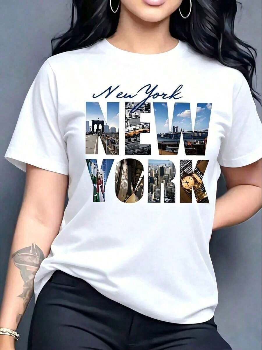 1 Piece Of "1976 New York" Letter Print T-Shirt, Breathable Summer Short Sleeve Round Neck T-Shirt, Women's Top, 180g 100% Cotton. - 2 - 查看 1
