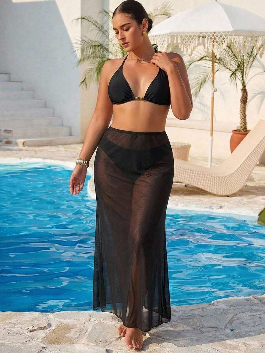 Swim Vcay Women's Size Bikini With Mesh Skirt, Striped Metallic Print Pareo Skirt, Beach And Resort Swimsuit - 黑色 - 查看 1