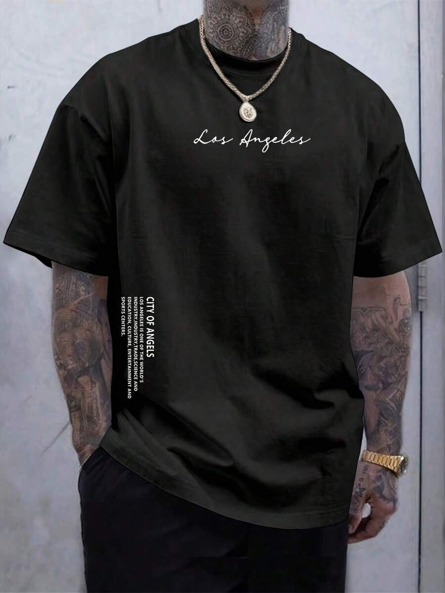 Men's T-Shirt With Letter Print - Black - View 1