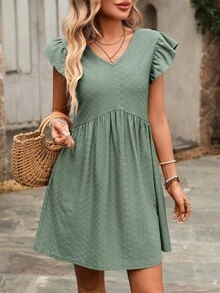 REFRESH YOUR WARDROBE NOW! French-Style Day Dress, V-Neck, Short Sleeves With Romantic Ruffles, Wide And Flowing Skirt, The Essence Of Country Chic For Walks In The Sun - Green - View 1