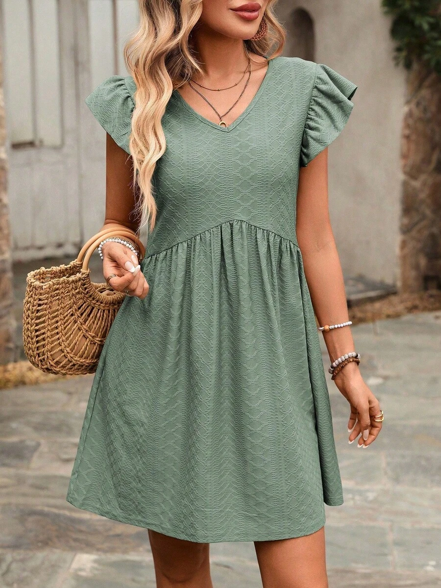 REFRESH YOUR WARDROBE NOW! French-Style Day Dress, V-Neck, Short Sleeves With Romantic Ruffles, Wide And Flowing Skirt, The Essence Of Country Chic For Walks In The Sun - Green - View 1