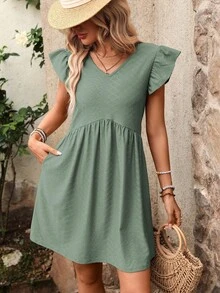 REFRESH YOUR WARDROBE NOW! French-Style Day Dress, V-Neck, Short Sleeves With Romantic Ruffles, Wide And Flowing Skirt, The Essence Of Country Chic For Walks In The Sun - Green - View 3