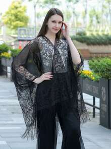Plus Size Friendly Boho Cover Up, Lace Kimono, Floral Lace Batwing Sleeve Cover-Up, Open Front Tassel Trim Kimono, Lightweight Beach Cover Up - màu đen - Xem 4