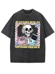 Men's And Women's 100% Cotton 230g T-Shirt: Oversized Washed Cotton T-Shirt With 90s Theme, Featuring Skeleton Graphics, Retro Games, And The Phrase "Be Patient With 'I'm From The - 黑色 - 查看 1
