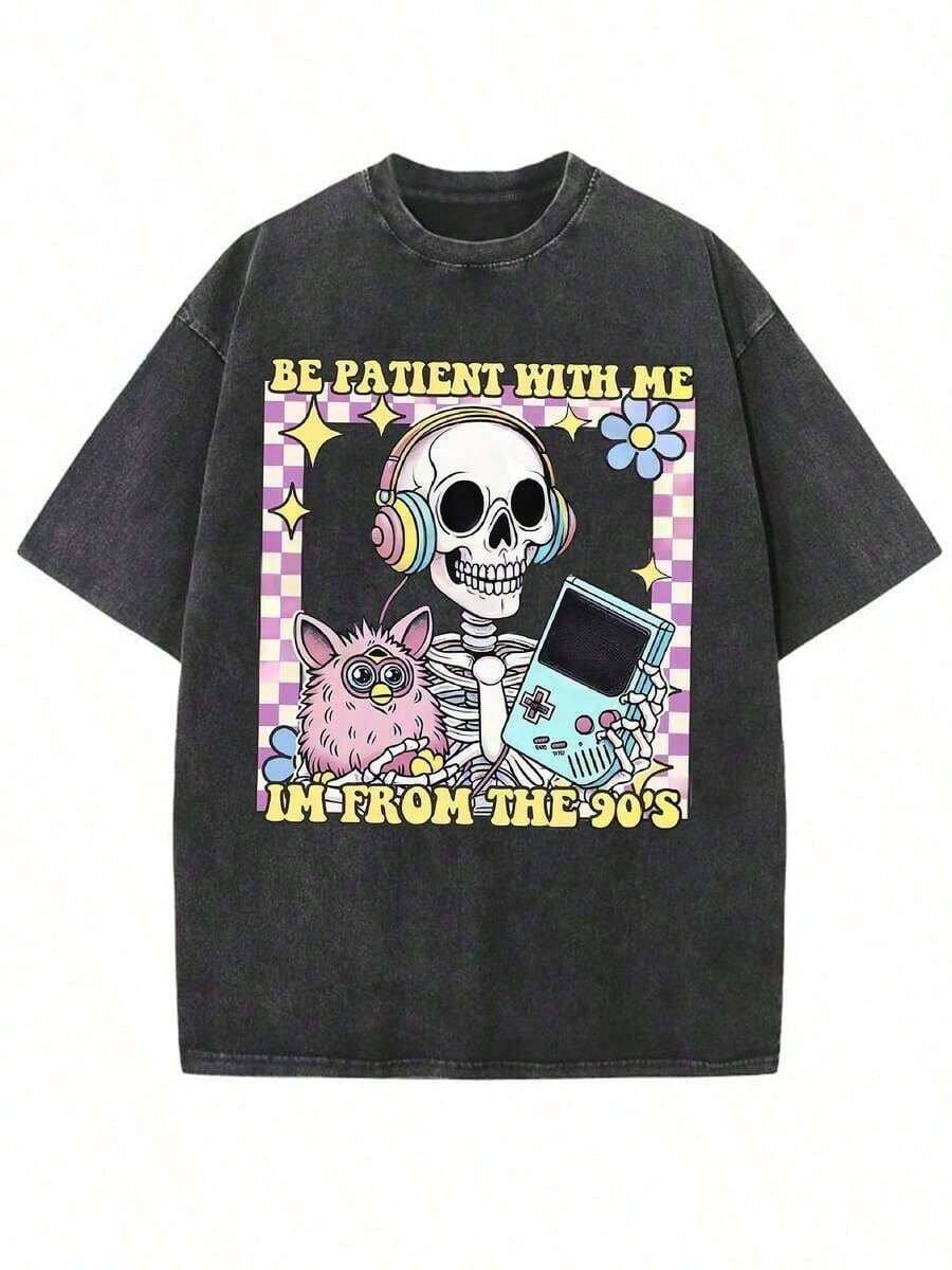 Men's And Women's 100% Cotton 230g T-Shirt: Oversized Washed Cotton T-Shirt With 90s Theme, Featuring Skeleton Graphics, Retro Games, And The Phrase "Be Patient With 'I'm From The - 黑色 - 查看 1