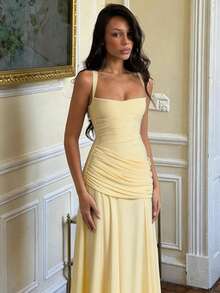 Elegant Sleeveless Long Party Dress For Women, Solid Color, European Style, New Fashion Wrap Dress - 黃色 - 查看 4