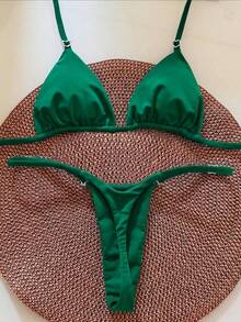 Women's Solid Color Triangle Bikini Set With Heart-Shaped Ring Decor. Features Triangle Cup Design, Spaghetti Strap, Sweet Yet Stylish. Vacation Beach - Green - View 4