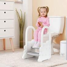 RONIPIC - Taburete de 2 escalones para niños pequeños Taburete Antideslizante para mostrador de Cocina Inodoro para baño Taburete de baño y ayudante de Cocina con pasamanos - Gris - Ver 4