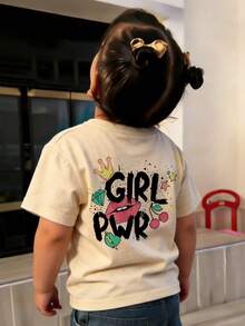 幼童女童 Girl Power 唇印櫻桃星星印花柔軟基礎款T恤 - 杏色 - 查看 8