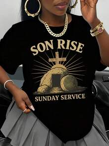 Camiseta Cristiana Son Rise Sunday Service, Diseño Negro y Dorado, Pascua, Resurrección, Cruz, Tumba, Fe Religiosa, Ropa de Iglesia para Mujeres, Hombres, Unisex, Camiseta Casual - Negro - Ver 1