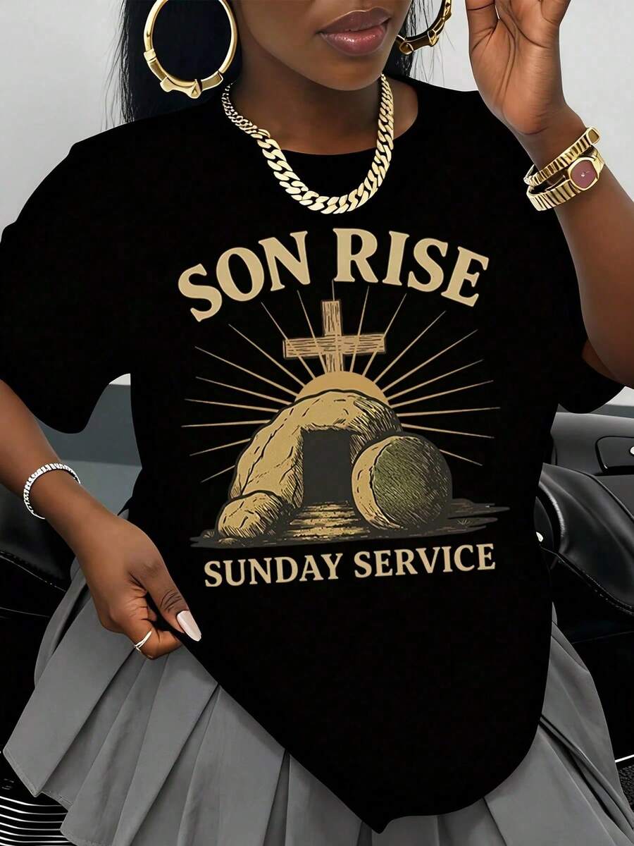 Camiseta Cristiana Son Rise Sunday Service, Diseño Negro y Dorado, Pascua, Resurrección, Cruz, Tumba, Fe Religiosa, Ropa de Iglesia para Mujeres, Hombres, Unisex, Camiseta Casual - Negro - Ver 1