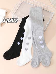 3 Pairs Girls' Heart Pattern Fitted Tights For Spring/Autumn, Suitable For Back To School Season Uniform Matching - Multicolor - View 11