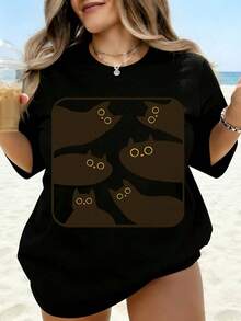 Camiseta Blanca con Estampado de Gato Negro para Mujer, Estilo Casual de Verano, Playa, Talla Grande, Camiseta Gráfica con Estampado de Animal Bonito, Ideal para Vacaciones, Regalo. - Negro - Ver 1
