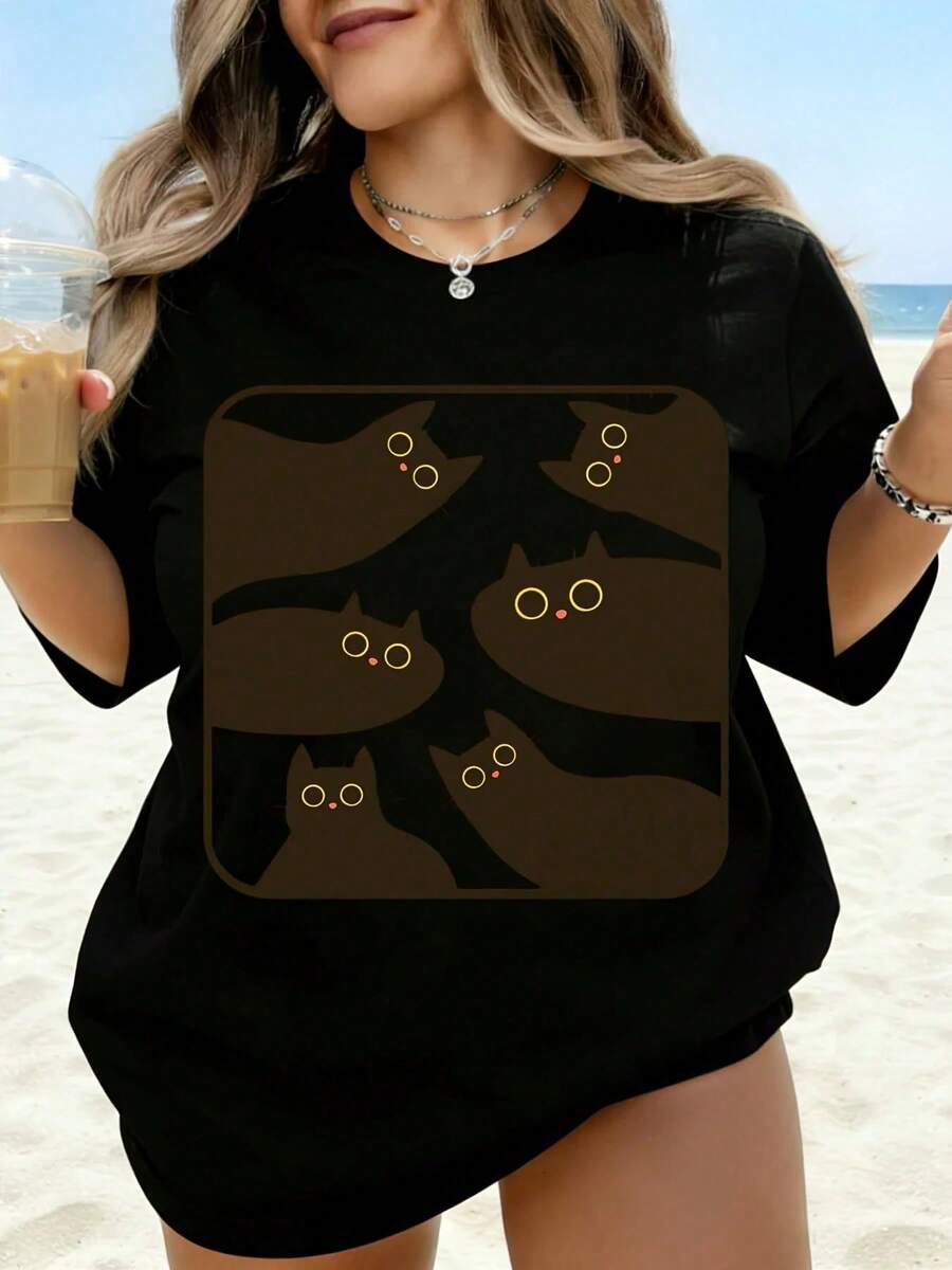 Camiseta Blanca con Estampado de Gato Negro para Mujer, Estilo Casual de Verano, Playa, Talla Grande, Camiseta Gráfica con Estampado de Animal Bonito, Ideal para Vacaciones, Regalo. - Negro - Ver 1