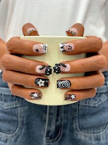 10 Peças/Conjunto Arte de Unhas Y2K, Unhas Feitas à Mão, Unhas Rosas, Unhas Francesas Marrons, Arte de Unhas com Padrão de Gato Fofo e Piano Feitas à Mão, Adequado para Festa e Uso Diário. Unhas Quadradas Curtas. Unhas Quadradas Press-On Feitas à Mão, Unhas Postiças, Unhas Acrílicas, Unhas de Verão - Multicolorido - Visão 2