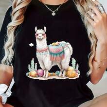Camiseta de Mujer con Estampado de Alpaca, Casual, Manga Corta, Cuello Redondo, Mezcla de Poliéster, Lavable a Máquina, Apta para Todo el Año. - negro - Ver 2