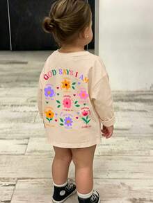 1pc Baby Girl Long Sleeve T-Shirt, "God Says I Am" Floral Print, Soft Fabric, Sweet Casual Style - Apricot - View 7