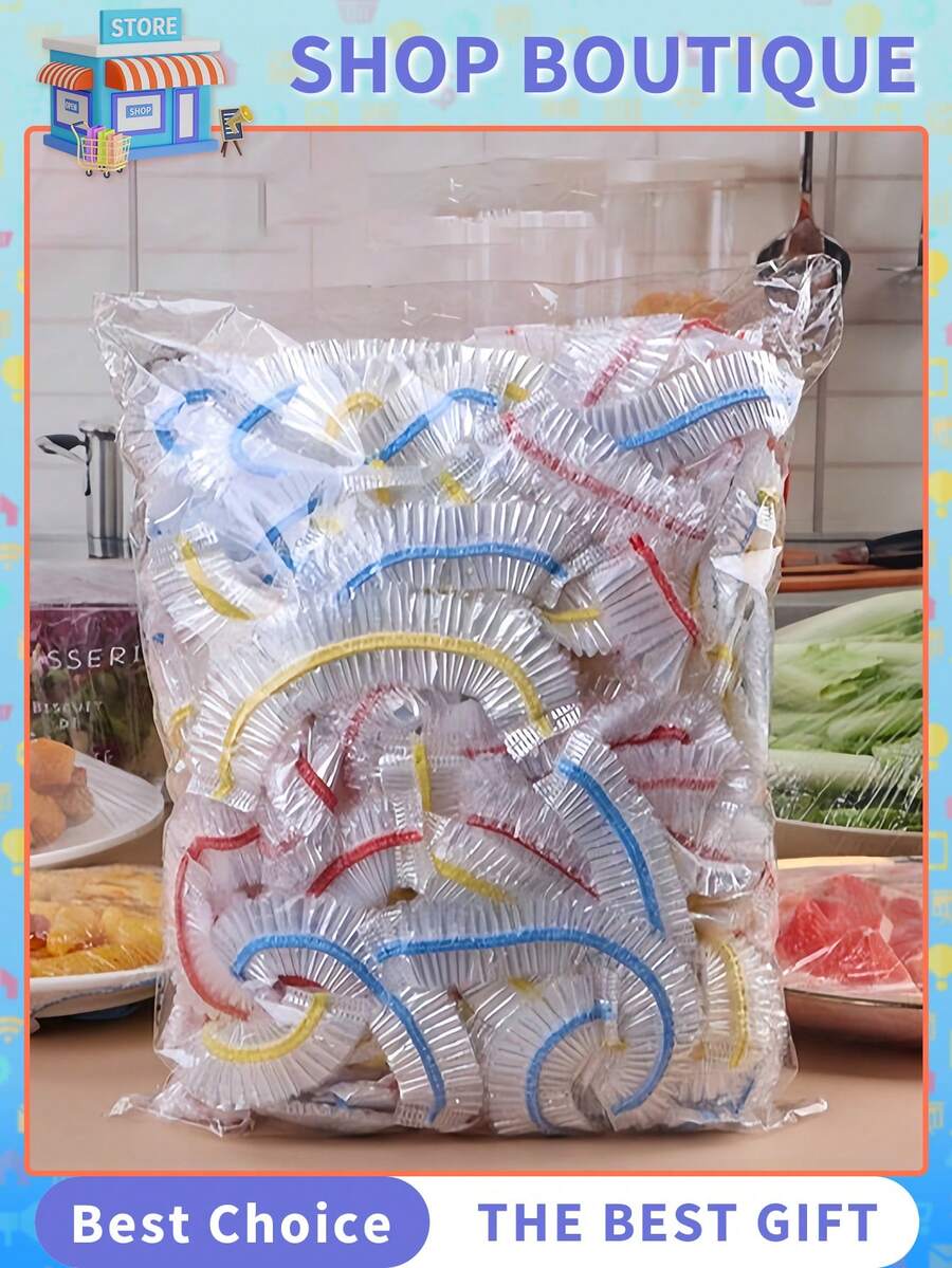 500/300/200/100/10入裝彩色一次性食品蓋，PE塑膠碗蓋與袋蓋，保鮮儲存用 | 廚房、露營、海灘派對用品 | 保持食物新鮮、可重複使用、防漏 (多色)