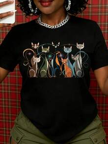 Camiseta Blanca con Diseño de Arte de Gatos para Mujer, Camiseta Gráfica de Moda, Ropa Casual para Amantes de los Gatos, Top con Estampado de Animales, Atuendo de Verano, Idea de Regalo - Negro - Ver 1