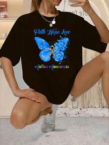 Mariposa Fe Esperanza Amor Concientización sobre el Autismo 1 Pieza Camiseta de Talla Grande para Mujer, Camiseta Gráfica Oversize de Manga Corta 220g, Novedosa, 100% Poliéster, Camiseta Cas - Negro - Ver 1