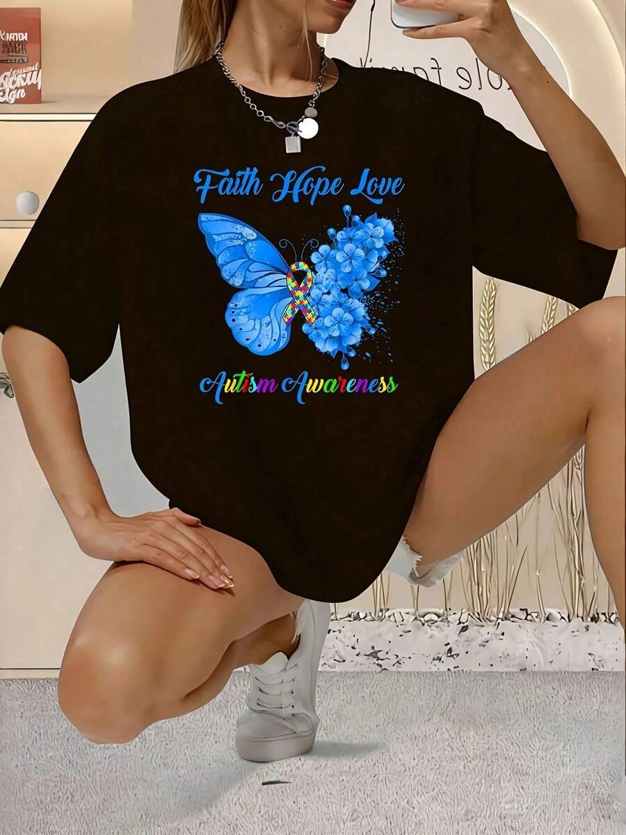 Mariposa Fe Esperanza Amor Concientización sobre el Autismo 1 Pieza Camiseta de Talla Grande para Mujer, Camiseta Gráfica Oversize de Manga Corta 220g, Novedosa, 100% Poliéster, Camiseta Cas - Negro - Ver 1