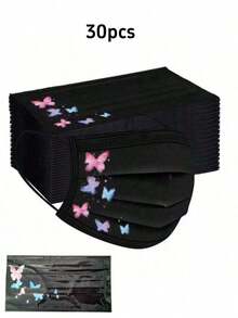 10/30pcs New Style Individually Packaged Black Butterfly Print Face Masks, Women's Daily Outdoor Use Face Cover, Elegant Breathable Non-Woven Fabric Fashion Protective Mask - Black - View 11