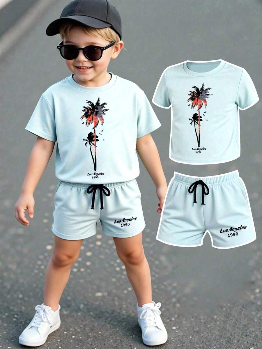 Tween Boy Letter & Palm Tree Print Short Sleeve T-Shirt And Shorts Casual Set - Mint Green - View 1