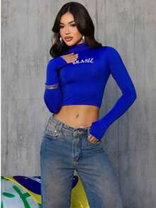 Women's Cropped High Neck Blouse Brazil World Cup Fan - Blue - View 4