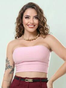 Top Faixa Feminino com Bojo Cropped Sem Alça Confortável - Rosa Bebê - Visão 2
