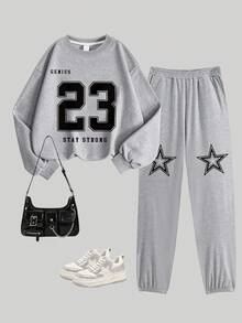 2pcs Tween Girls Sweatshirt & Joggers Set, "23" Print, Soft Fabric, Sporty Casual Everyday Wear - Grey - View 3