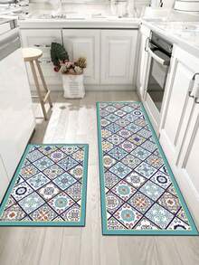 1pc Of A Blue Floral Tile Pattern Rubber Soft Mat For Kitchen Floors, A Water-Absorbing Mat That Is Easy To Clean And Suitable For Use In Kitchens, Bathrooms, And Other Areas. It Is Suitable For Use Throughout The Year And For Various Holidays. - Multicolor - View 2