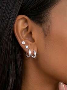 1 Set Fashionable Elegant Sparkling CZ Earring Stacking Set, Hoop Studs And Pave Huggie Earrings, Versatile Jewelry For Daily And Party Wear - White - View 3
