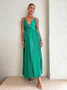 New European-American Spring-Summer 2026 Midi-Party Dress, Pleated, V-Neck, Straps, Wide Skirt - 綠色 - 查看 2