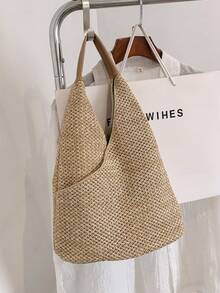1pc Women's Solid Color Straw Shoulder Bag, Large Capacity, Fashion, Suitable For Commuting, Shopping, Vacation - Khaki - View 5