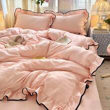 Juego de ropa de cama estilo princesa con volantes y ribete negro (1 Edredón + 2 Fundas de almohada), tela 100% poliéster suave y cómoda, adecuado para dormitorio, habitación de invitados, excelente como regalo - Albaricoque - Ver 7