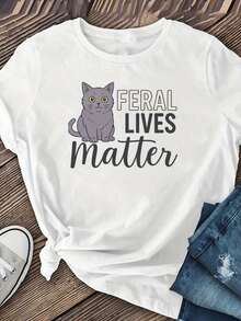 Camiseta de Moda para Mujer con Cuello Redondo: 100% Rescate de Gatos, Las Vidas de Gatos Ferales Importan, Rescatador de Gatos, Adopción de Gatos - negro - Ver 1