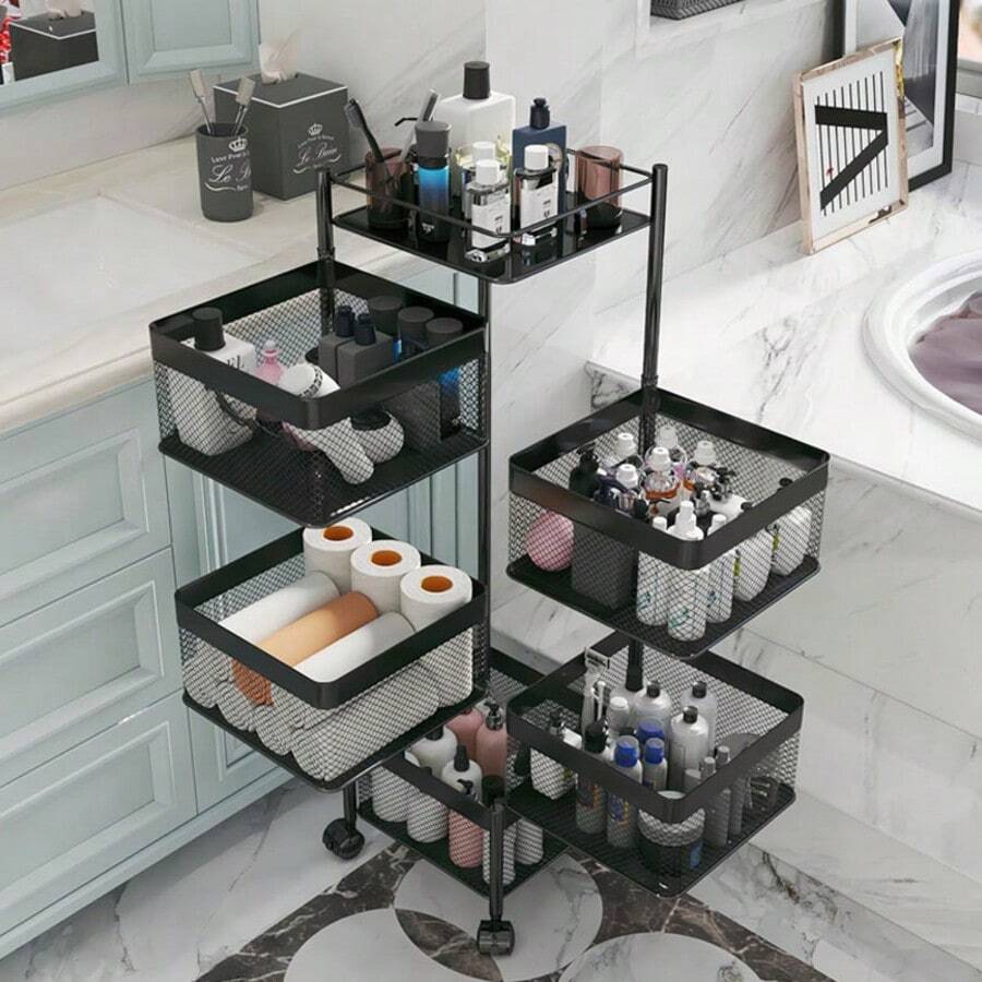 1pc 5-Layer Rotating Kitchen Storage Rack, No Installation Required, Floor-Standing Multi-Layer Storage Rack For Home Use, Suitable For Storing Fruits, Vegetables, Snacks, And Beverages. - Svart - Visa 1
