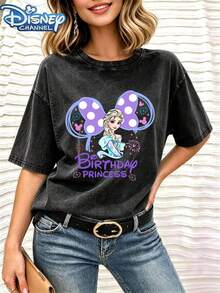 Disney Frozen Princess Elsa Minnie Bow Birthday Print Pattern, Fashion Cartoon Design, Vintage Wash Women's T-Shirt - Black - View 3