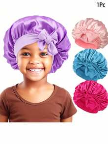 Awegeo 1Pc Children's Bonnet Tie-Up Style Silky Satin Fashion Sleep Cap Casual Comfortable Breathable Non-Slip Daily Hair Care Cap - 1PC - View 2