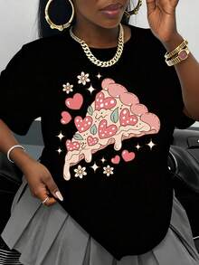 Women's White T-Shirt With Pizza Slice Graphic With Hearts And Flowers, Summer Casual Wear, Valentine's Day Gift, Fashion Top - 黑色 - 查看 1