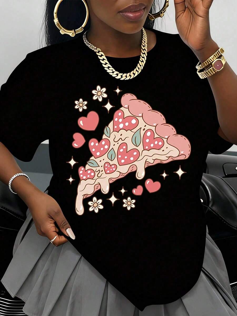 Women's White T-Shirt With Pizza Slice Graphic With Hearts And Flowers, Summer Casual Wear, Valentine's Day Gift, Fashion Top - 黑色 - 查看 1
